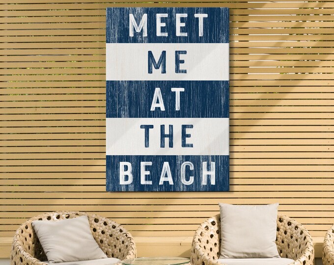 Coastal Farmhouse Sign, Meet Me At The Beach Navy Stripe Print, Retro Entry Decor