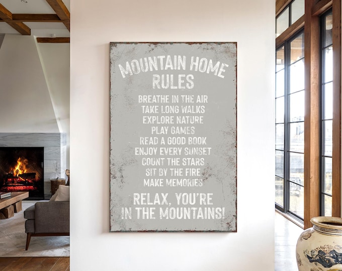 Mountain House Rules Sign: Light Stone Gray Cabin Wall Art