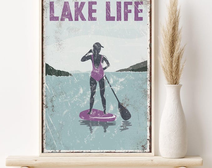 Vintage Lake Life Sign, Female Paddleboarder, Purple Accent (Multiple Sizes)