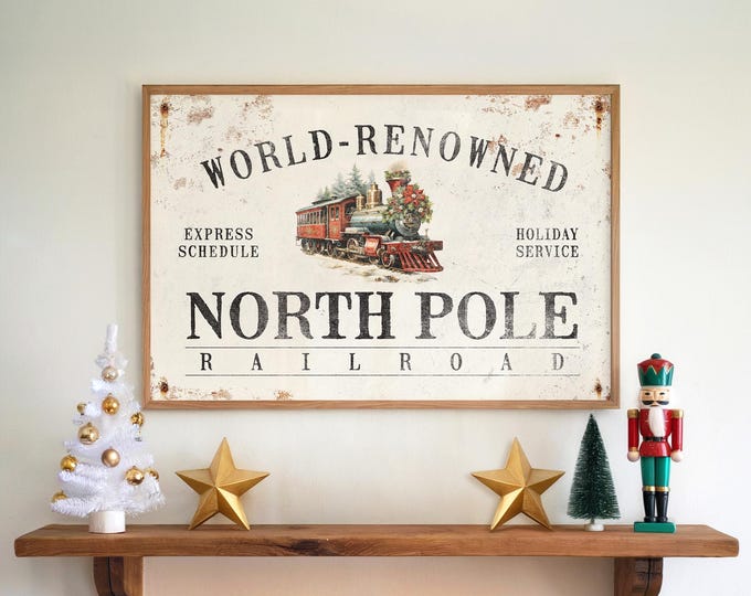 North Pole Sign, Railroad Express Holiday Service with a Red Steam Locomotive on Cream