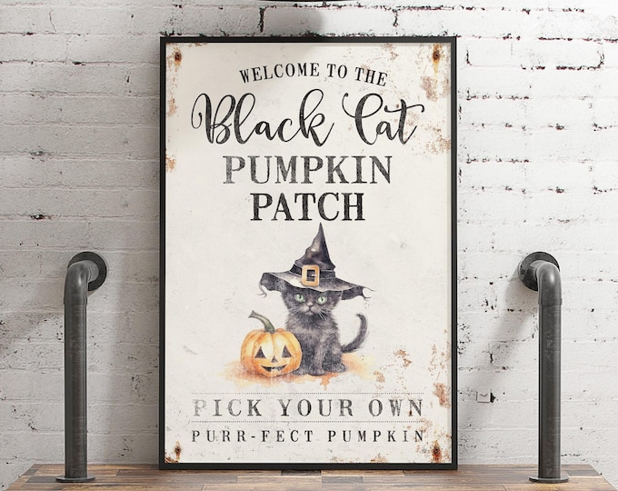 Pumpkin Wall Print, Black Cat Patch Sign, Charcoal and Cream Halloween Art