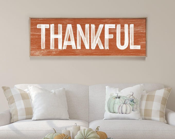 Thankful Wall Art, Autumn Sign, Harvest Decor, Vintage Farmhouse Seasonal Wall Print, Cozy Thanksgiving Decoration, Long Horizontal Design