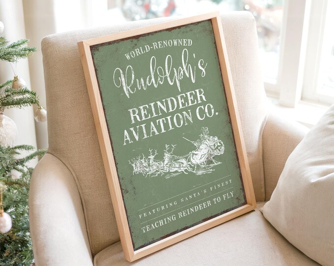 Rudolph's Reindeer Aviation Co. Santa Sleigh Art, Cream Line Drawing on Sage Green