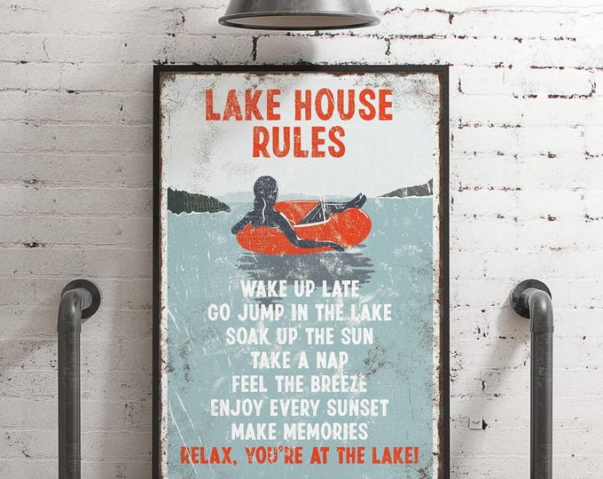 Travel Inspired Gift, Cream and Navy Lake House Rules Sign, Tubing Cabin Wall Art