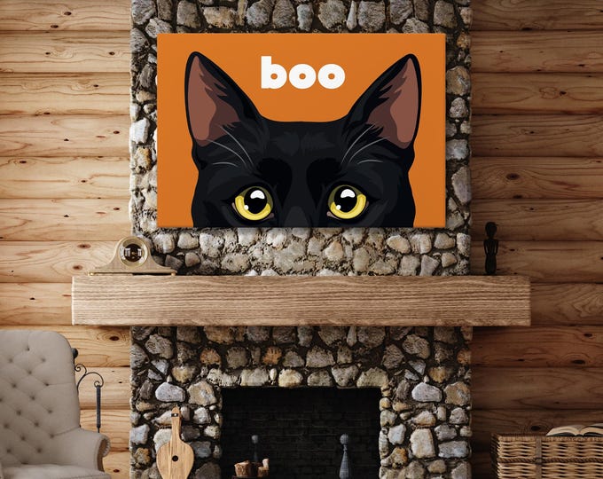 Peekaboo Cat Canvas, Boo Cat Art, Pop Art Poster, Large Framed Print, Halloween Decoration, Ears Sticking Out, Modern Wall Display