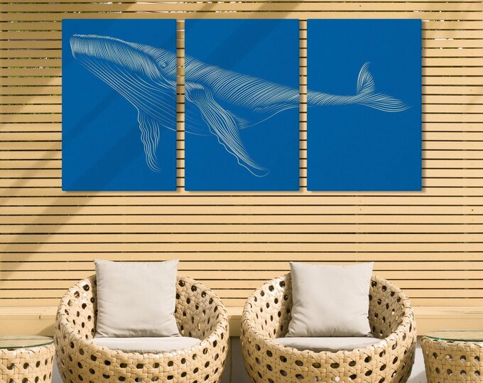 White Whale Triptych Wall Art, Large Dotted Whale Art Set of 3 Canvas Prints, Blue Whale Art, Ocean Theme Prints