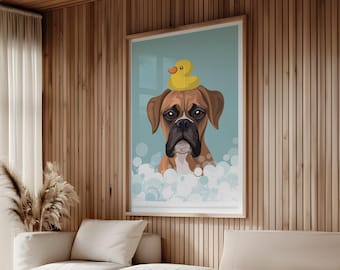 Boxer Dog Print, Wrinkly Pup with a Rubber Duck on Pale Blue