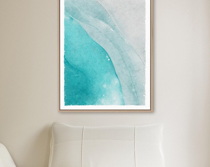 Wave Art Canvas, Turquoise Watercolor Ocean Swell on Sand, Oversized Boho Beach House Print