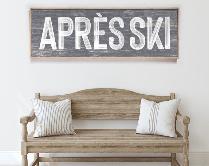 long horizontal APRÈS SKI sign in slate gray and white, faux weathered wood, apres ski wall print, vintage farmhouse decor, winter wall art