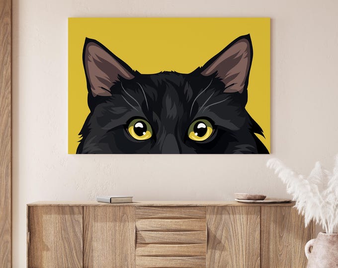 Peekaboo Cat Canvas, Pop Art Cat Poster, Colorful Print, Large Framed Poster, Horizontal Wall Decor, Gift For Cat Moms, Fluffy Black Cat