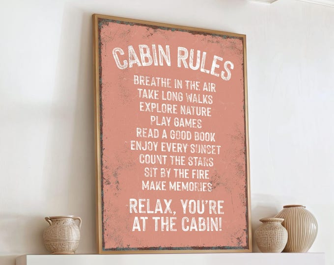 Retro Cabin Rules Sign: Coral Ski Lodge Wall Art