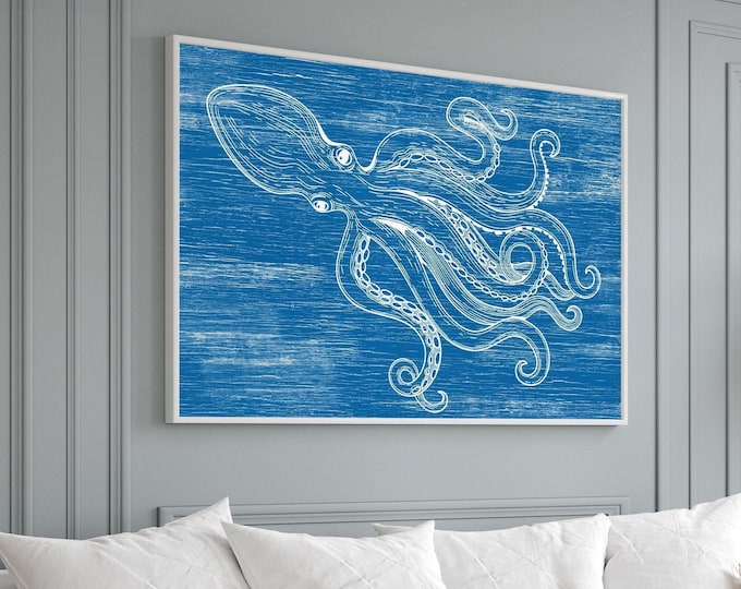 Retro octopus outdoor sign, blue cyanotype canvas with white line drawn tentacles, coastal porch and patio wall art