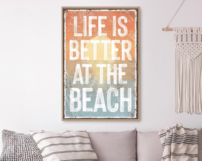 Sunset Colors Wood Sign, Life Is Better at the Beach Print, Distressed Farmhouse Art