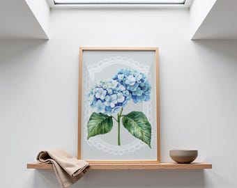 青いアジサイのウォールアート – ロマンチックなコテージスタイルの花柄