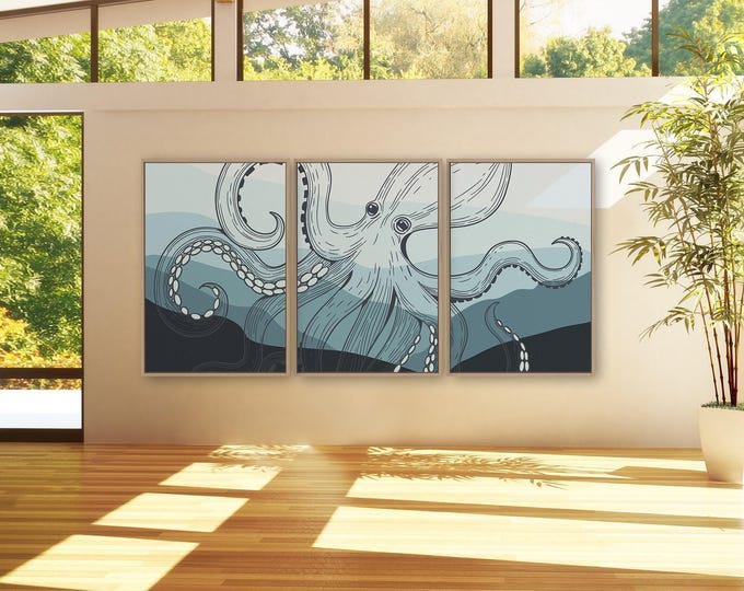 Octopus Gift Idea, Retro Triptych in Dusty Blue and Navy, Framed Ocean Canvas Set