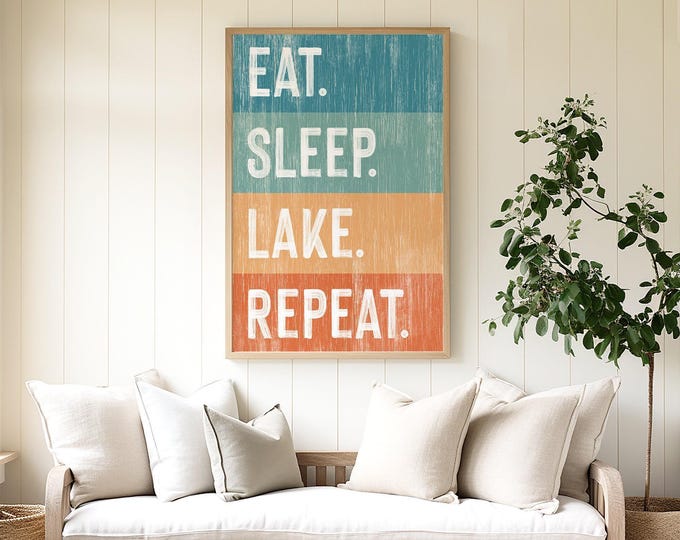 Cabin Weekend Art, Eat Sleep Lake Repeat Sign, Retro Color Block Decor, Housewarming Gift