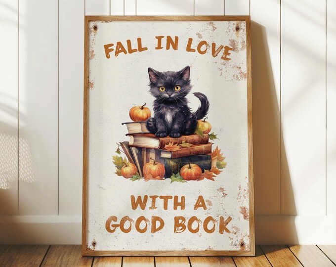 Cozy Fall Cat Sign, Framed Halloween Cat Decor, Gift for Book Lovers