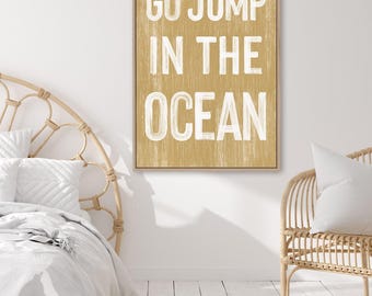Go jump in the OCEAN sign > Butternut Yellow BEACH HOUSE decor, coastal wall art, faux vintage wood canvas print, modern farmhouse