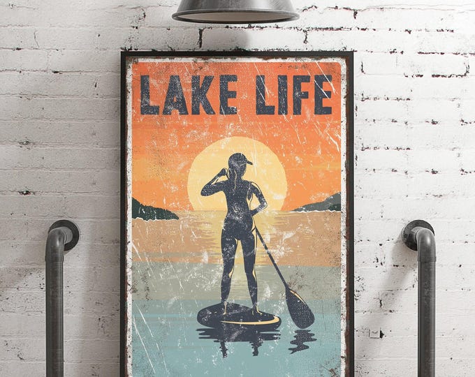 vintage "LAKE LIFE" sign SUNSET > paddleboarding poster for vintage lake house decor, female paddle boarder, modern farmhouse, Canvas