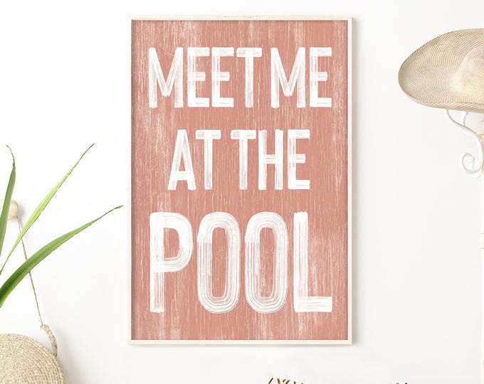 Coral Meet Me At The Pool Sign, Indoor Outdoor Lanai, Vintage Style Pool Print, Canvas Wall Art, Shore House Gift, Waterproof