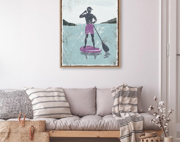 Vintage Lake Life Sign - Rustic Paddleboarding Art with Purple Highlight