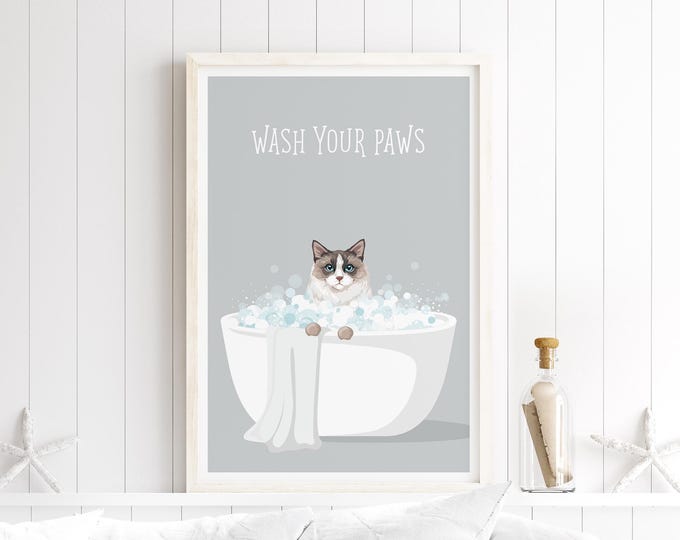 Ragdoll Cat Bathroom Print, Playful Feline Art (Multiple Sizes)