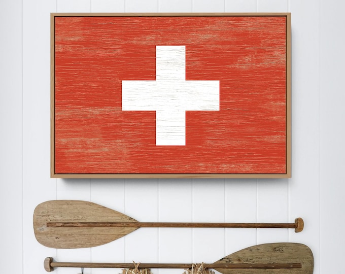 Vintage Switzerland Flag Poster, Swiss Flag Wall Art, Gift for Swiss Family, Gift for Swiss Friend, Rustic Chalet Wall Art, Swiss Home Decor