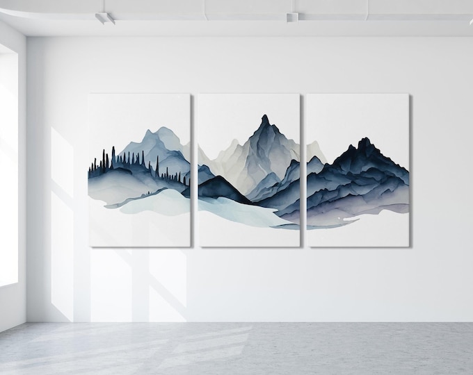 Blue Mountain Triptych Wall Art, Modern Farmhouse Landscape Canvas Set