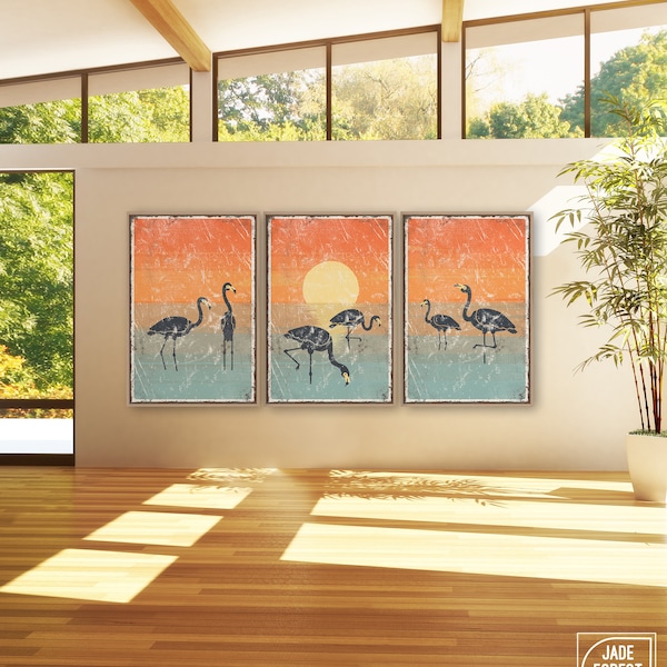 Flamingos at Sunset Wall Art, Extra Large 3 Piece Set, Flamingos Triptych for Modern Beach Home Decor, Flamingo Wall Decor • 060