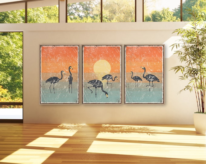 Flamingos at Sunset Wall Art, Extra Large 3 Piece Set, Flamingos Triptych for Modern Beach Home Decor, Flamingo Wall Decor • 060