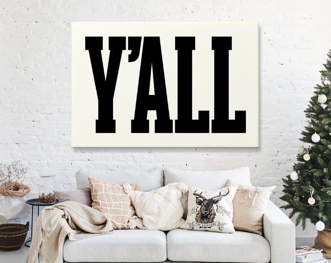 Farmhouse Y'all Wall Art, Black on Off-White (Canvas or Paper, Multiple Sizes)