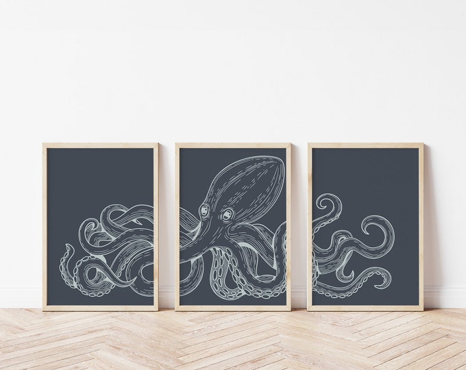 Octopus Triptych, Octopus 3 Piece Framed Set, Retro Octopus Canvas Print, Large Nautical Wall Art, Vintage Nautical Decor, Smoke on Hale 01