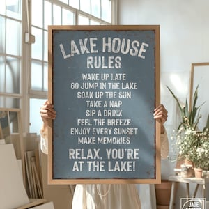 Harbor Blue LAKE HOUSE RULES Print, Coastal Home Decor, Lakehouse Bathroom Art, Lake Housewarming Gift for Her, Blue Gray Lake Wall Decor