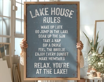 Harbor Blue LAKE HOUSE RULES Print, Coastal Home Decor, Lakehouse Bathroom Art, Lake Housewarming Gift for Her, Blue Gray Lake Wall Decor