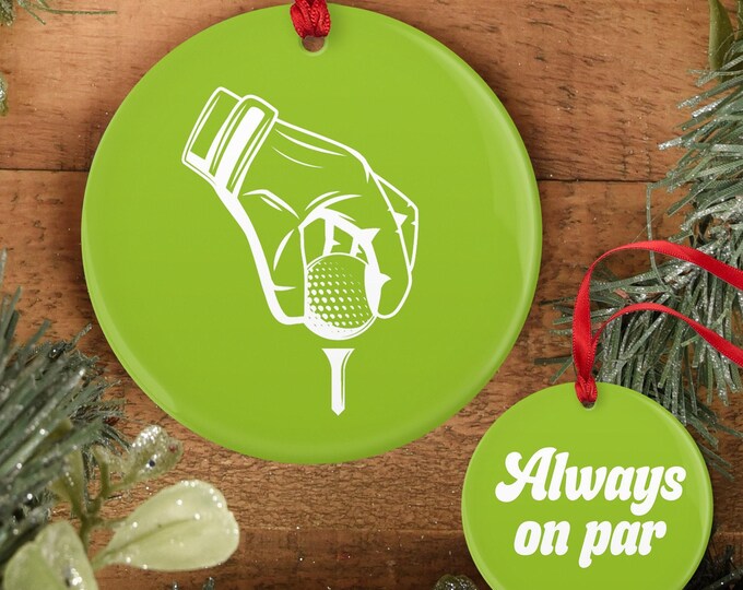 Golf Christmas Ornament: Lime Green Ball on Tee (Ceramic or Aluminum)