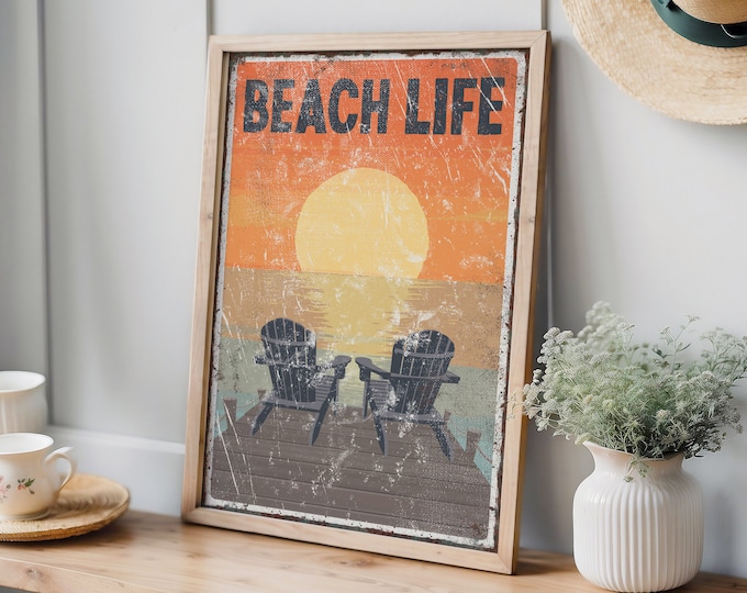BEACH LIFE poster with chairs on the dock, vintage beach house decor, sunset beach canvas prints, beach housewarming gift, fun beach decor