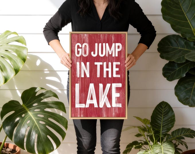 Rustic Lake Print, Barn Red Weathered Sign, Bold White Wall Decor