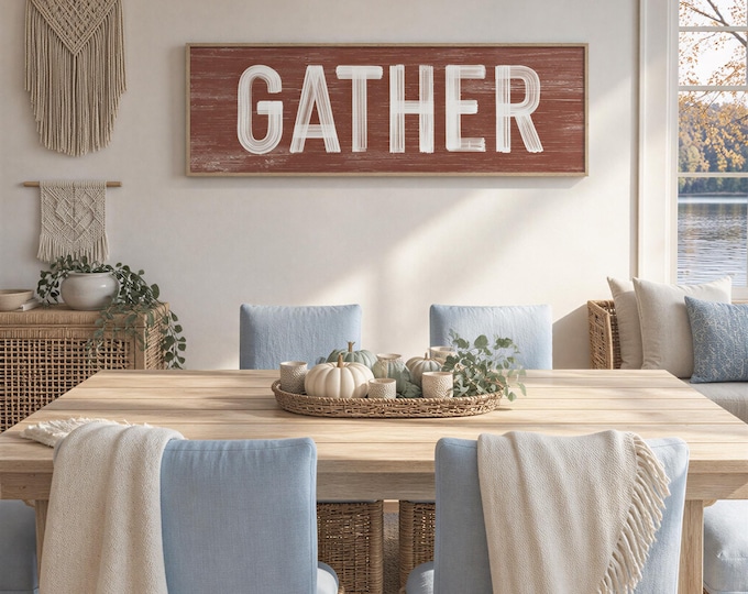 Fall Wall Decor, Gather Sign, Red and White Print