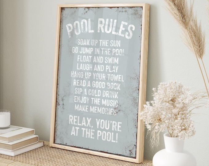 White Pool Sign, Gray Distressed Poolside Rules List, Vintage Metal Look Wall Art