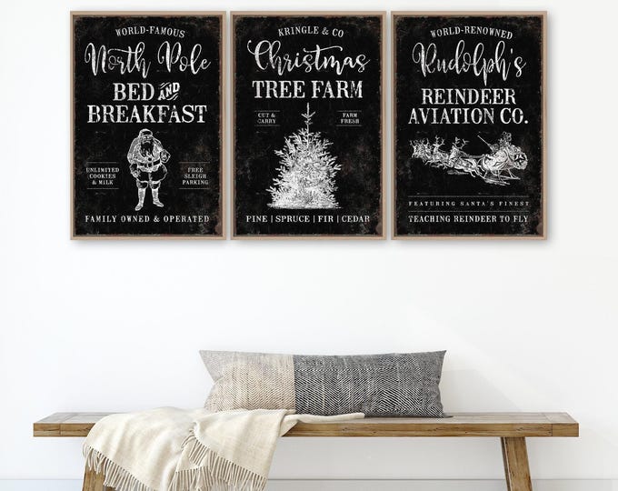 Reindeer Holiday Art, Three North Pole Panels with Santa, a Tree and Sleigh on Charcoal
