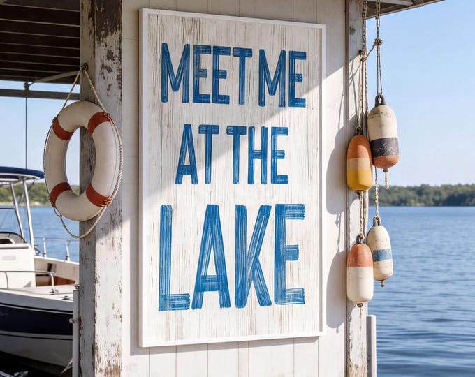 Birthday Gift, Meet Me at the Lake Sign, Cobalt Blue on White Cottage Wall Art