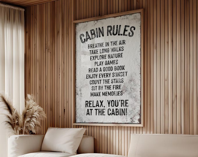 Cabin Rules Wall Art in Cream, Rustic Lodge Print, Cozy Gift for Her