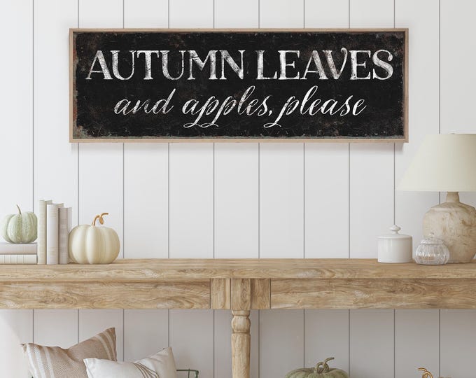 Fall Decoration, Leaves And Apples Sign, Black and Cream Modern Wall Art