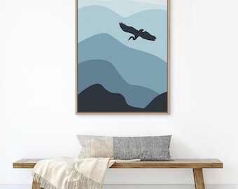 Blue Crane Flying in Mountains and Clouds, Abstract Wall Art for Home or Apartment Decor, Crane Flying Flight, Bar Cart Decor
