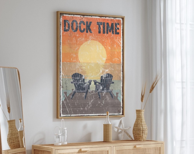 Beach Cottage Wall Art, Dock Time Sign, Adirondack Chairs (Aluminum Print)