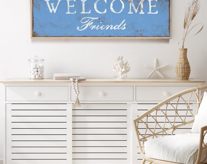 Porch Welcome Sign in Vista Blue, Distressed White Lettering, Rustic Outdoor Art