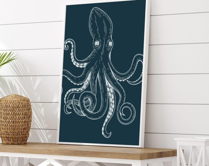 Octopus Art Kraken Wall Print, Vintage Nautical Line Work in Navy and White