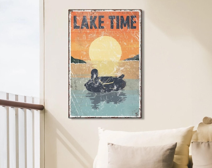vintage "LAKE TIME" sign SUNSET > tubing poster for vintage lake house decor, female tuber, modern farmhouse, canvas wall art, aluminum sign