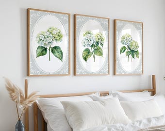 ニュートラルなアジサイの三連画 – 繊細なレースの花柄ウォールアート