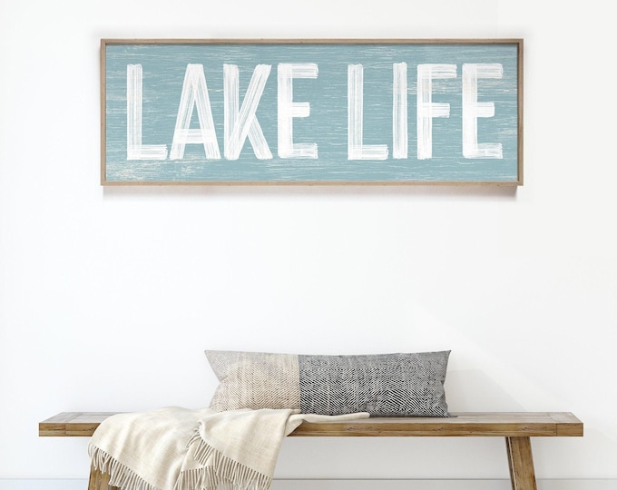 Lake Life Wall Art, Tide Blue Driftwood Style (Long Horizontal Sign)